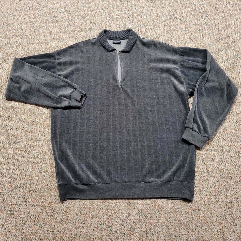 Chesterfield Pullover Sweater Mens XL Gray Velour Quarter Zip Vertical Stripe
